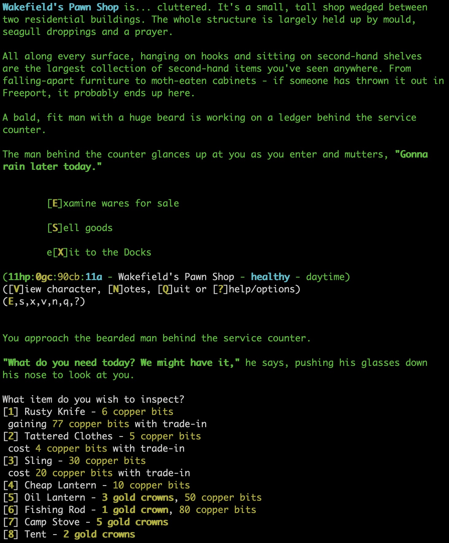 A screen shot showing the player entering Wakefield's Pawn Shop and browsing what is for sale there. The wares on show include everything from a rusty knife to lanterns, fishing rods and a camp stove.