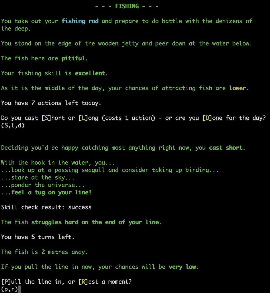 A screen shot showing the player fishing in Swords of Freeport. They cast out their line, and pretty quickly feel a tug. The player is left with the fish 2 metres away, and being given a prompt to eitehr pull the line in or rest a moment.