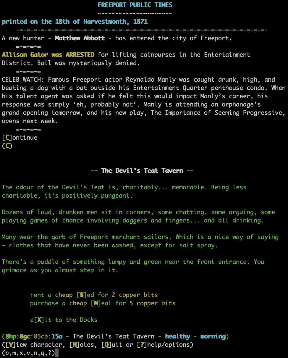 A screen shot showing a player logging in. The Freeport Public Times newspaper is listed, along with a description of the truly awful tavern the player slept in the previous night.